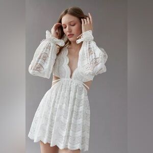 For Love & Lemons White Lace Deep V Long Sleeve Dress